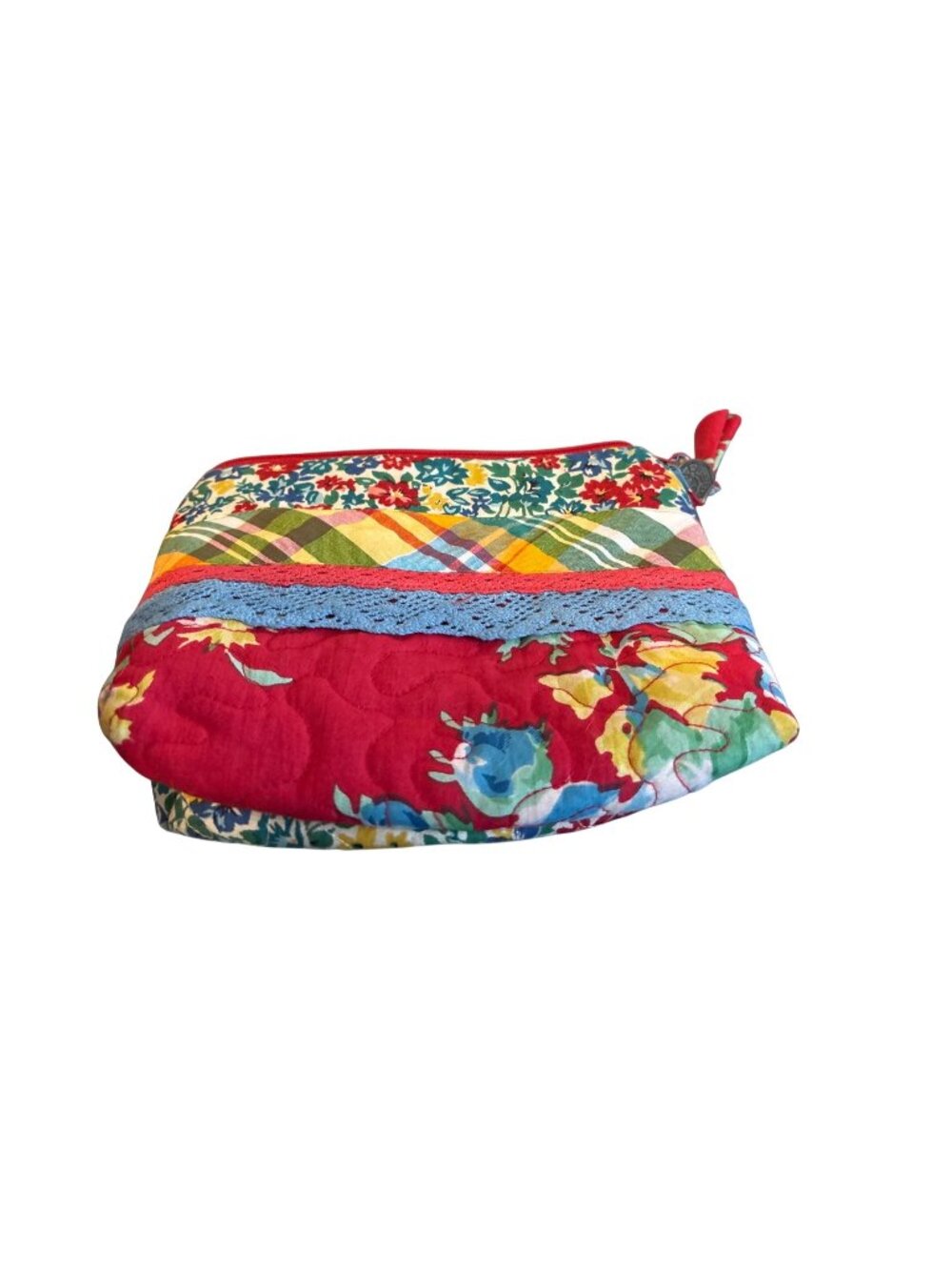 Womens April Cornell Vintage Cosmetic Tote Red Floral Mixed Fabric 9' X 7" VGC